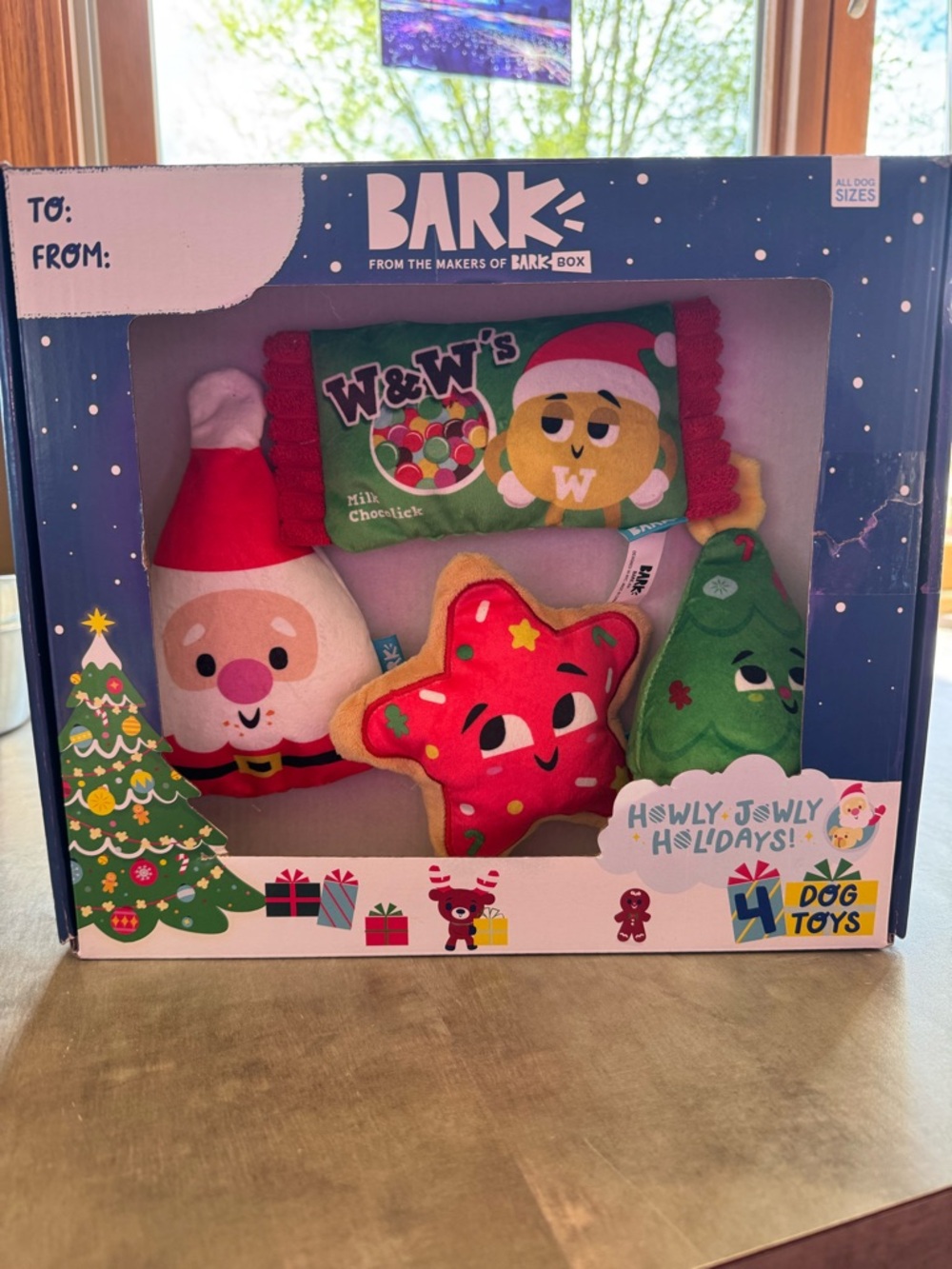 Bark Holiday Plush Dog Toy Set - Red, Green, Pink, Yellow